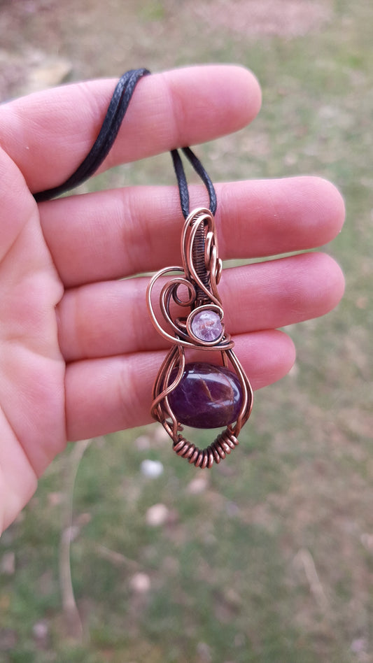 Amethyst pendant - wrapped in copper