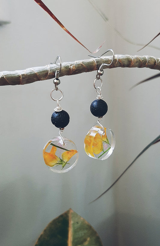 Lava stone with Yellow flowers earrings