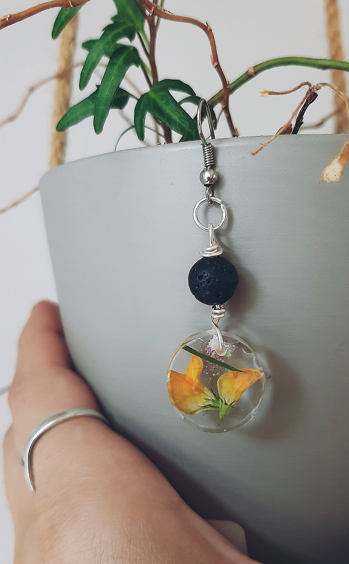 Lava stone with Yellow flowers earrings