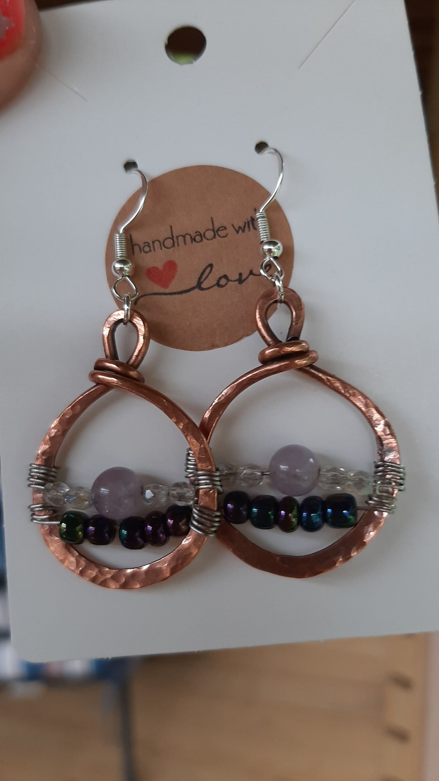 Earrings with Amethyst beads and glass wrapped in copper and stainless steel