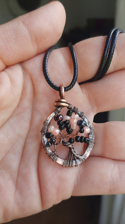 The Tree of life small pendant - Black and peach orange glass beads in copper metal