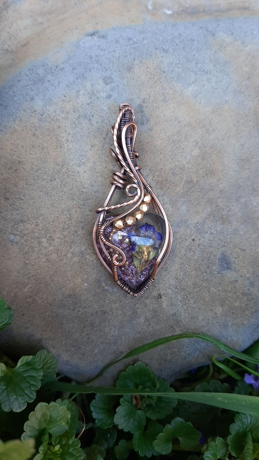 Lavender flower - Heart pendant in oxidized copper metal