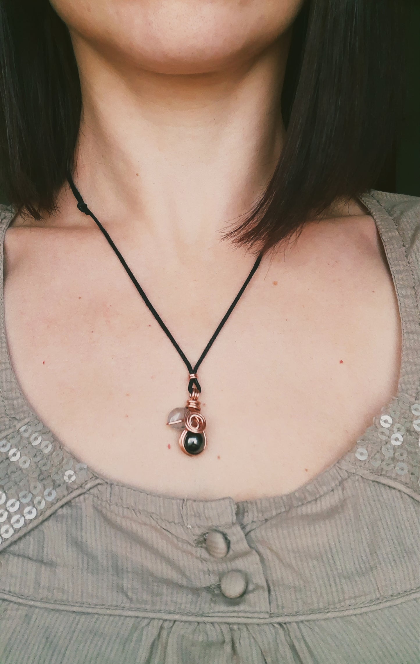 Magnetic Hematite & Black rutilated Quartz - copper wire wrapped