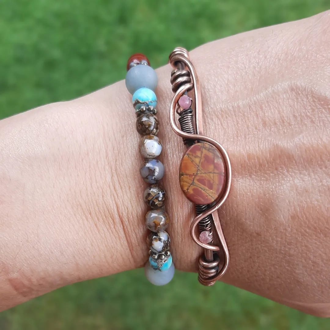 Cuff copper bracelet with Red Creek Jasper and Tourmaline beads