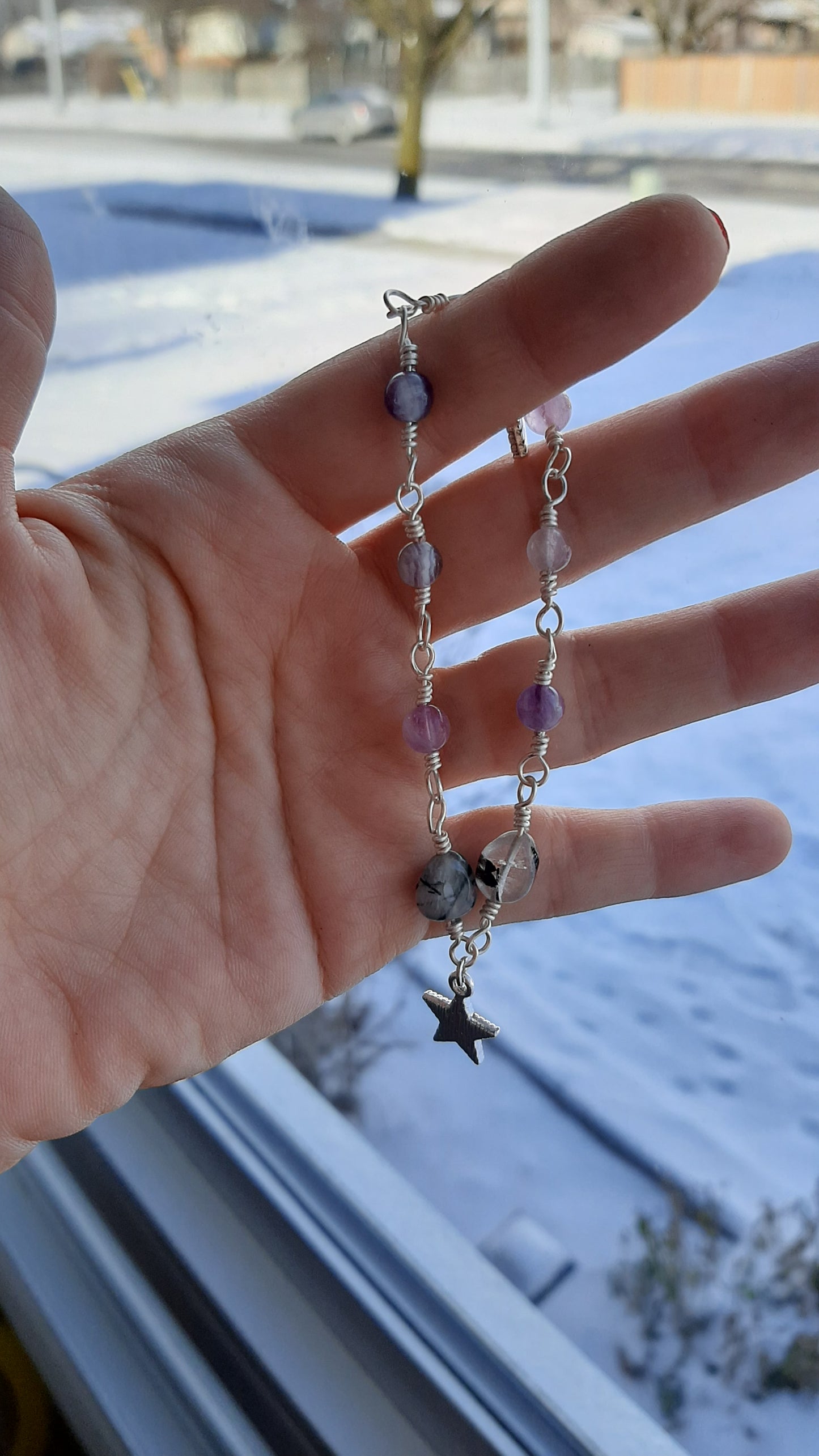 Bracelet - Amethyst and Black rutilated quartz wire wrapped