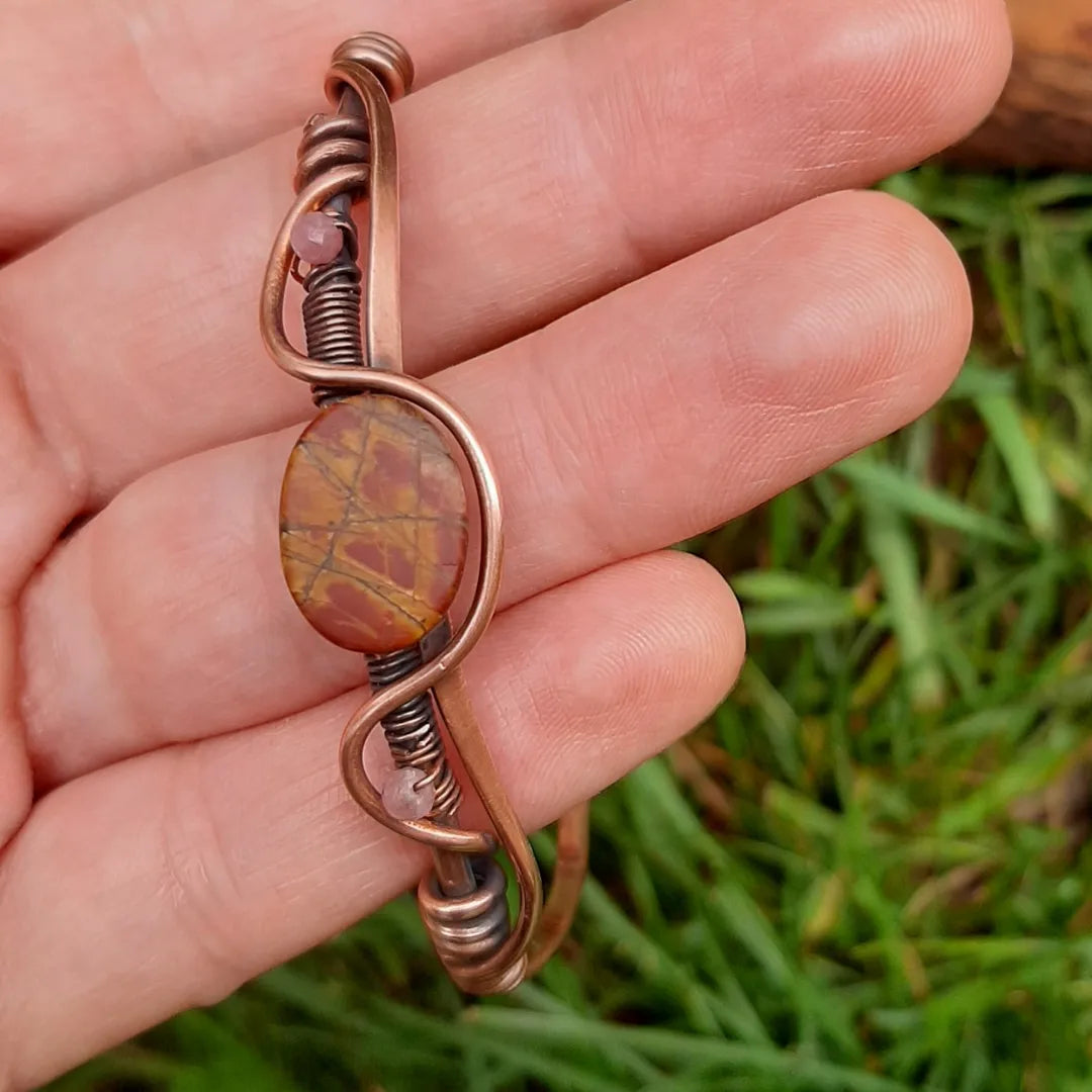 Cuff copper bracelet with Red Creek Jasper and Tourmaline beads