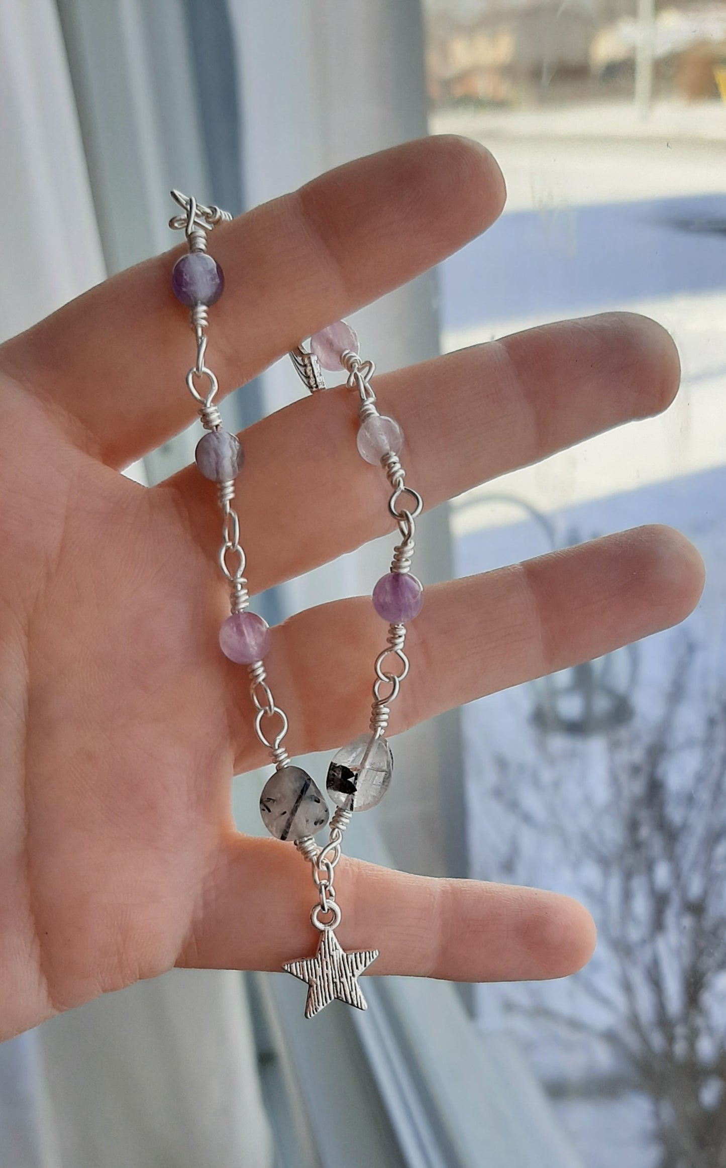 Bracelet - Amethyst and Black rutilated quartz wire wrapped