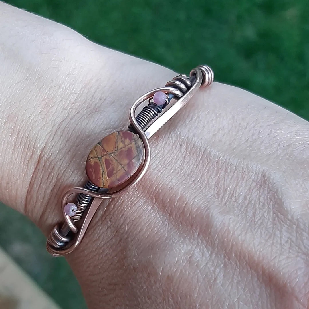 Cuff copper bracelet with Red Creek Jasper and Tourmaline beads