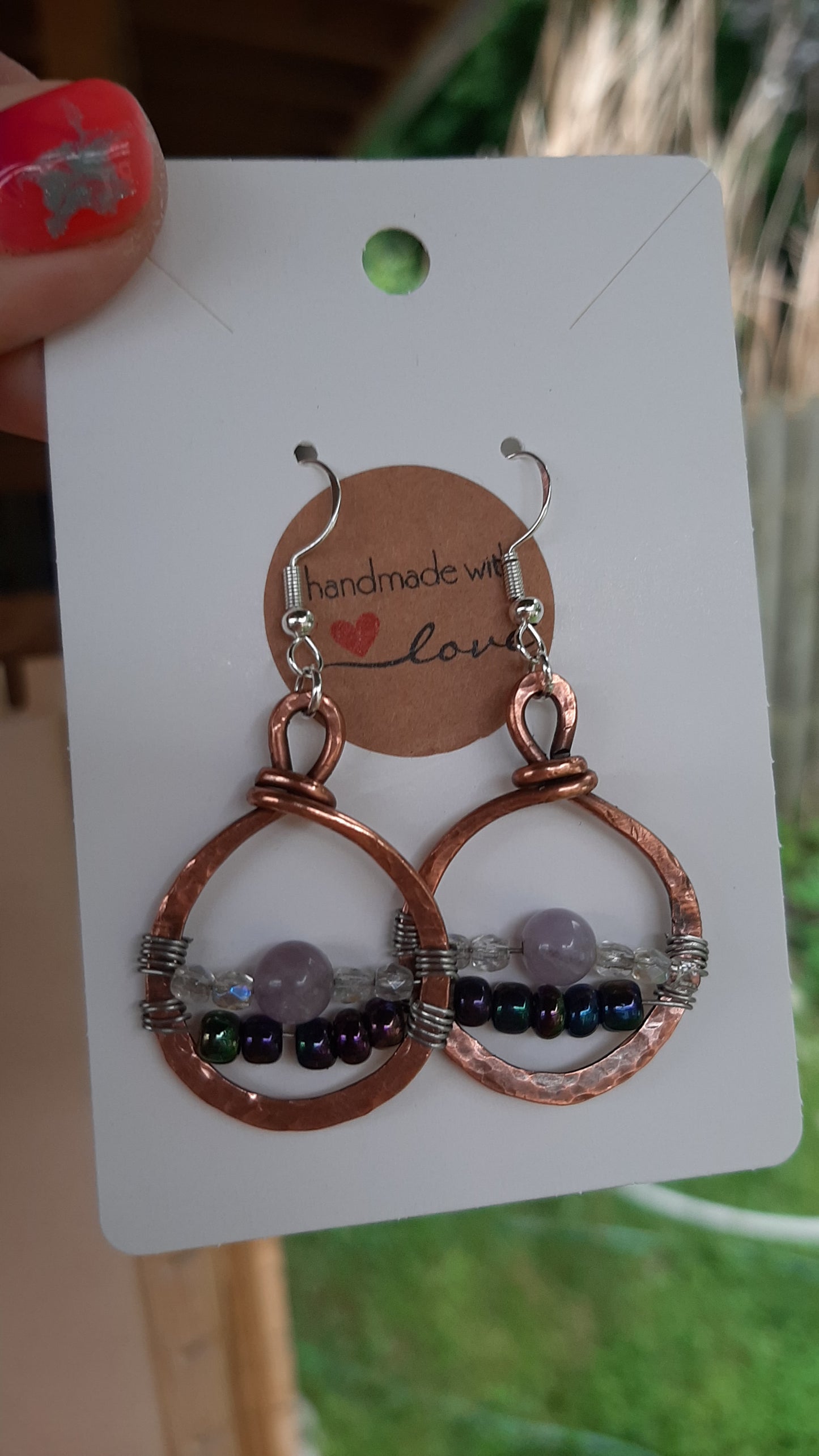 Earrings with Amethyst beads and glass wrapped in copper and stainless steel