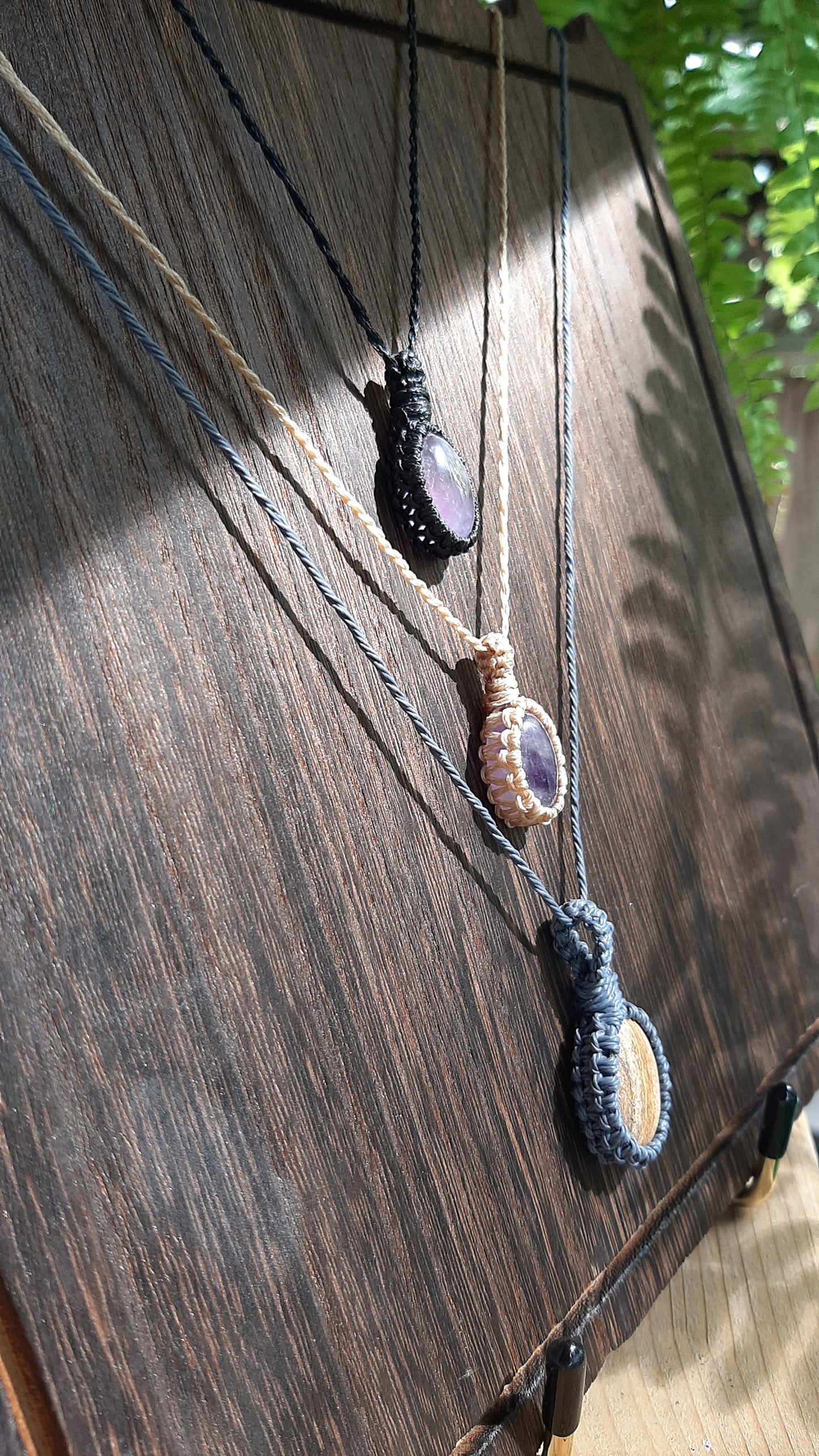 Macrame Amethyst pendant - black -SALE