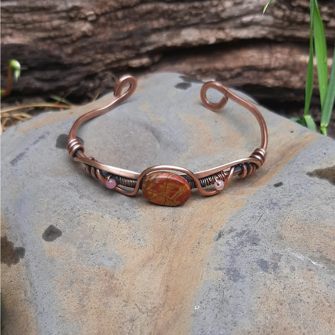 Cuff copper bracelet with Red Creek Jasper and Tourmaline beads