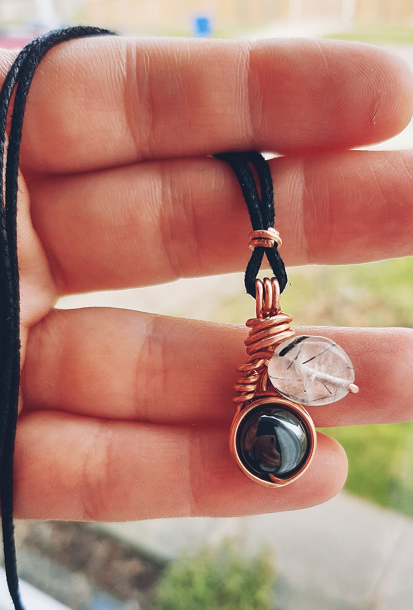 Magnetic Hematite & Black rutilated Quartz - copper wire wrapped