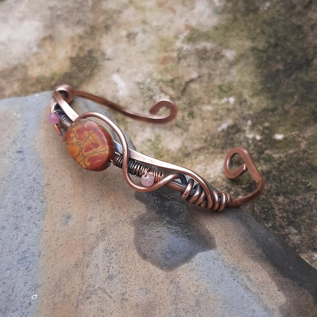 Cuff copper bracelet with Red Creek Jasper and Tourmaline beads