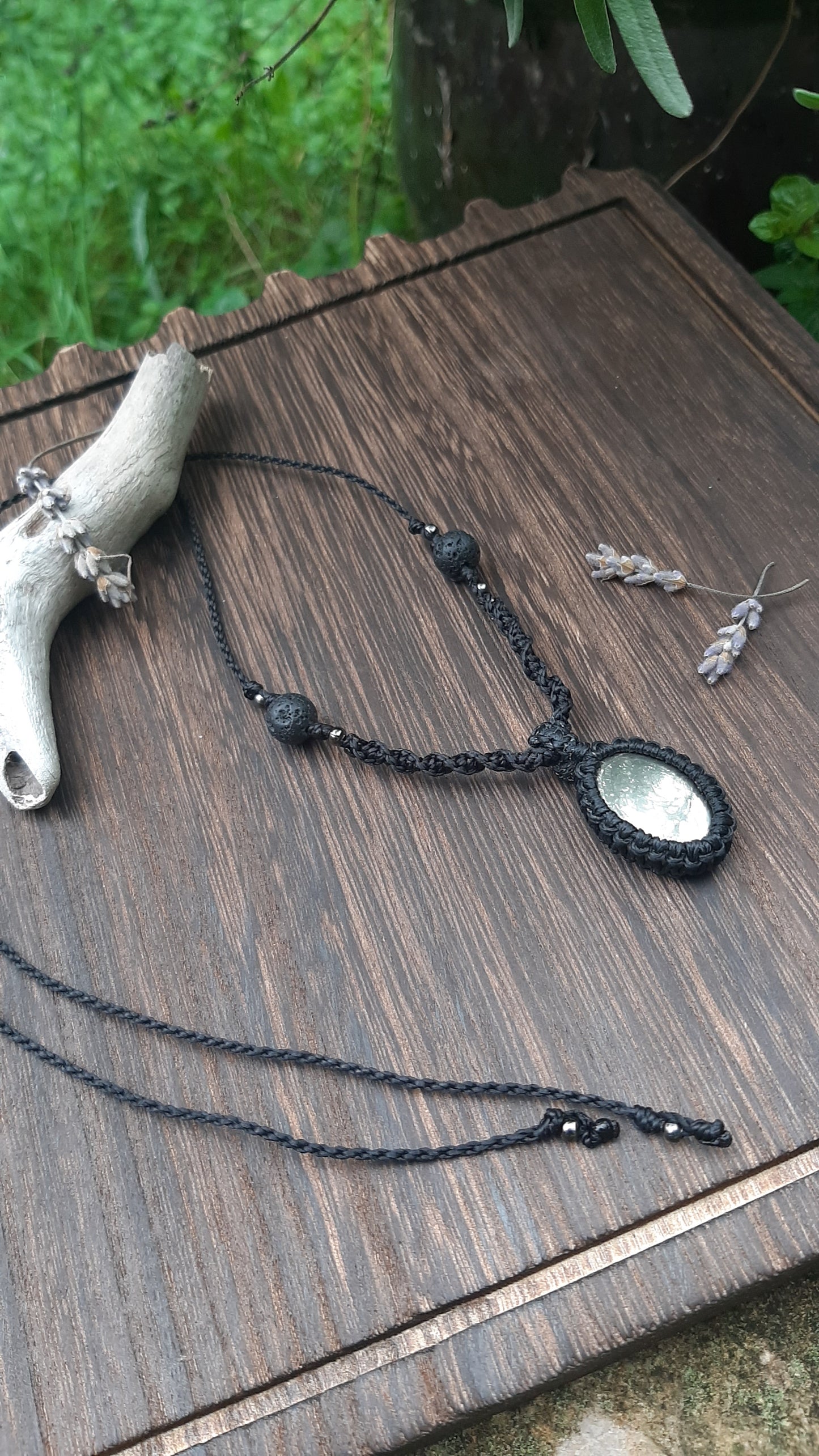 Apache Gold stone and Lava stone pendant - Black Macrame