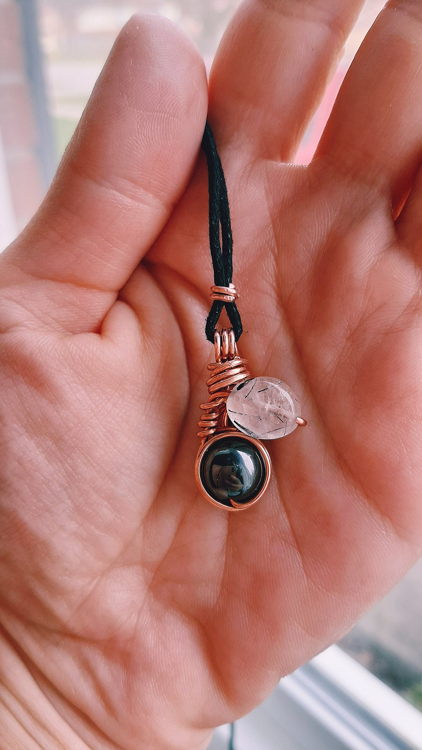 Magnetic Hematite & Black rutilated Quartz - copper wire wrapped