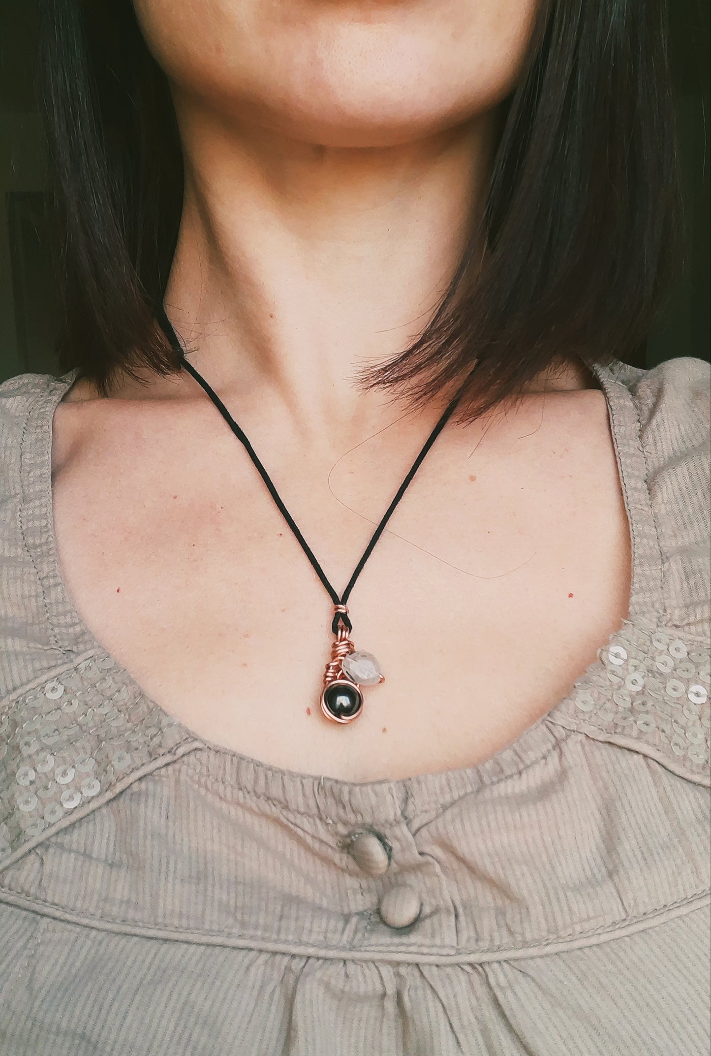 Magnetic Hematite & Black rutilated Quartz - copper wire wrapped