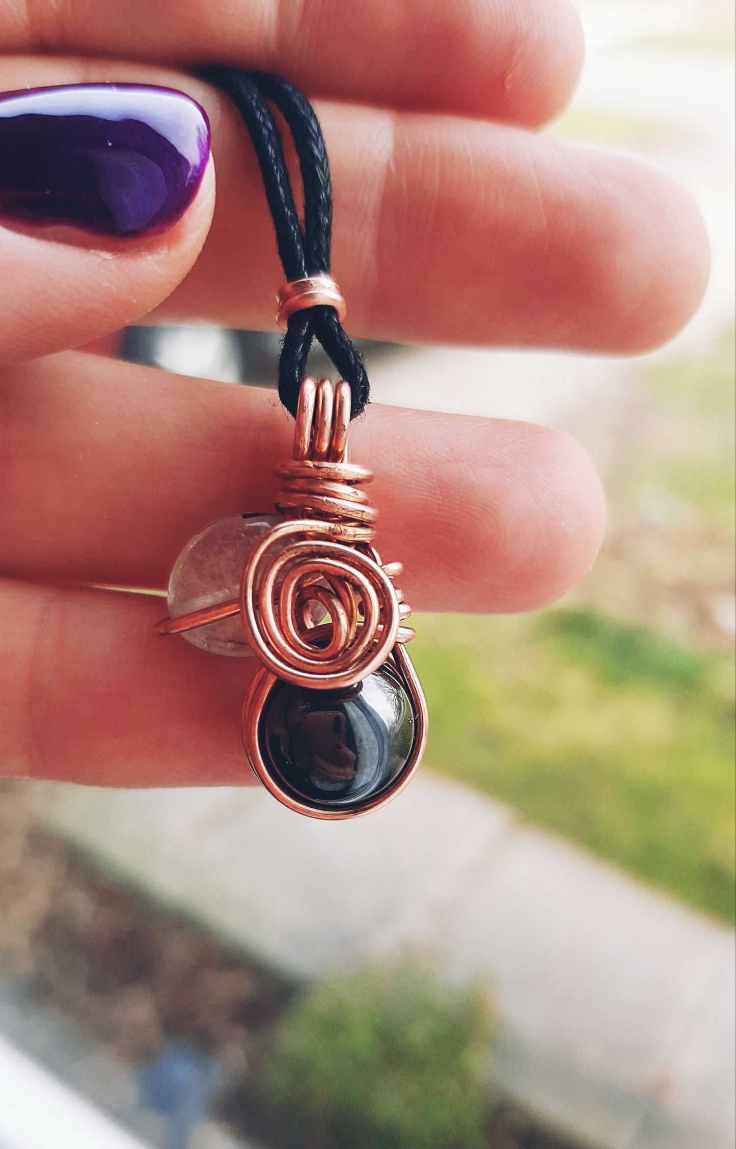 Magnetic Hematite & Black rutilated Quartz - copper wire wrapped