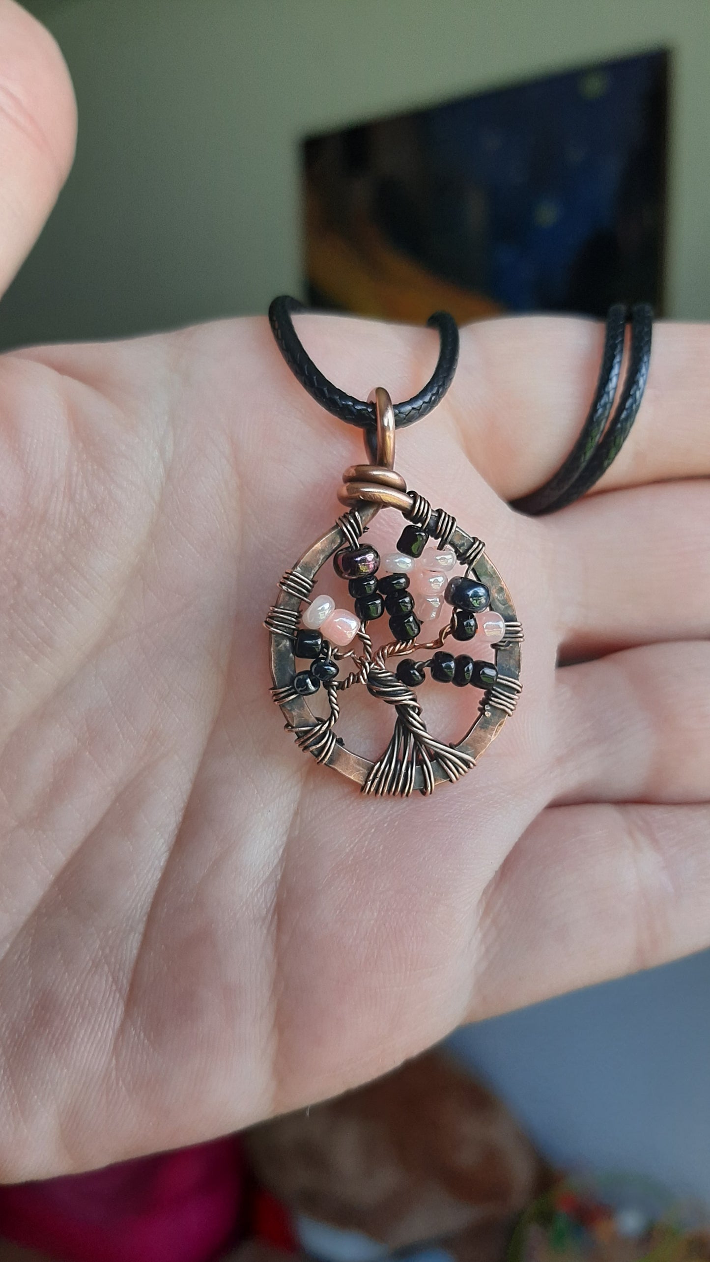 The Tree of life small pendant - Black and peach orange glass beads in copper metal