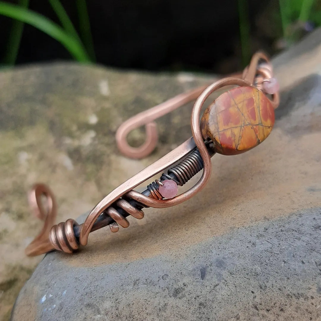 Cuff copper bracelet with Red Creek Jasper and Tourmaline beads