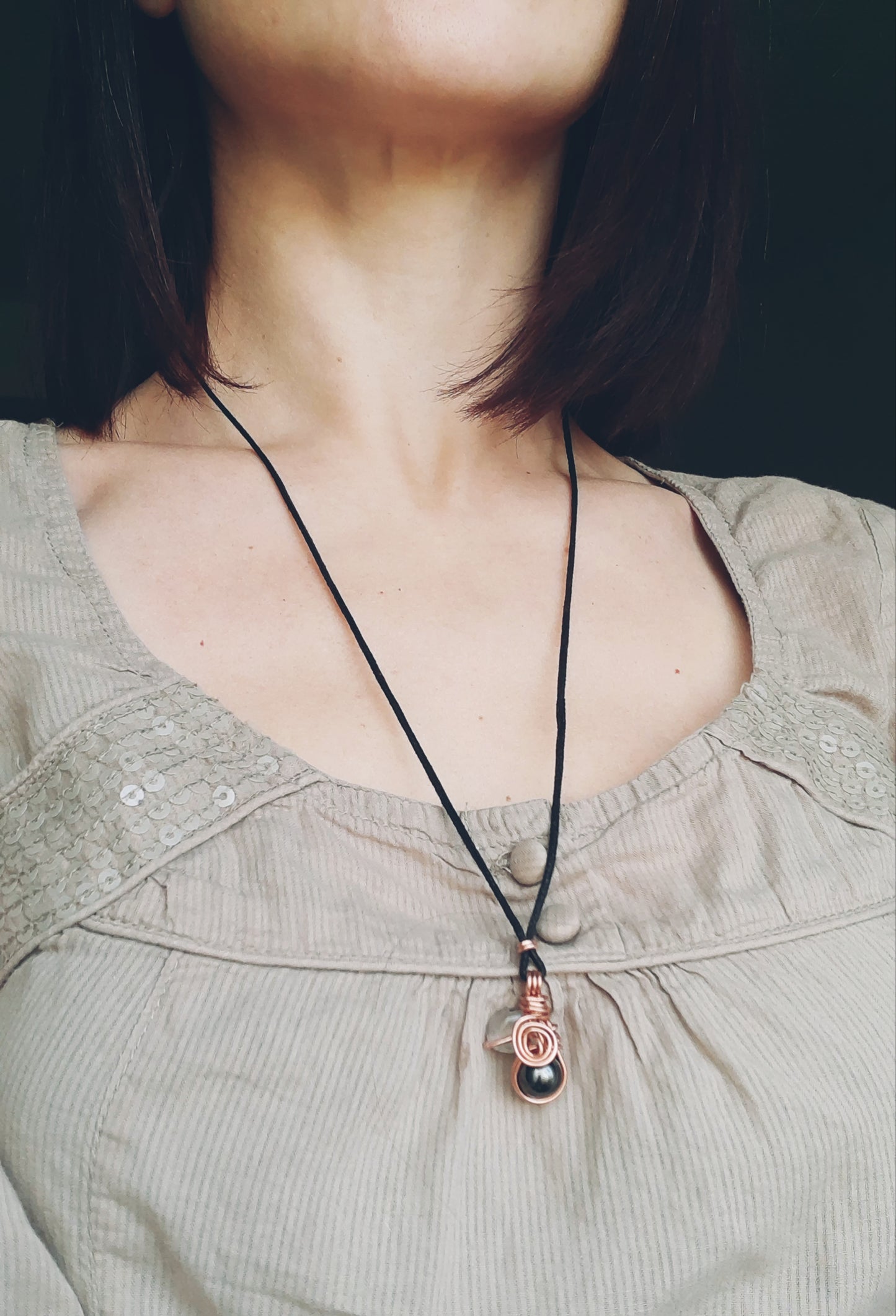 Magnetic Hematite & Black rutilated Quartz - copper wire wrapped